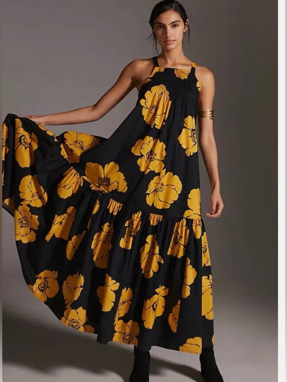 Sundry Black Maxi Dress with Bold Yellow Floral Print, Size Small